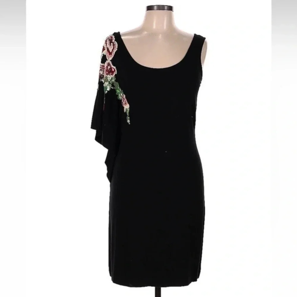 Vintage Cache Y2K Black Sequin Floral Batwing Sleeve Cocktail Dress Size M Med